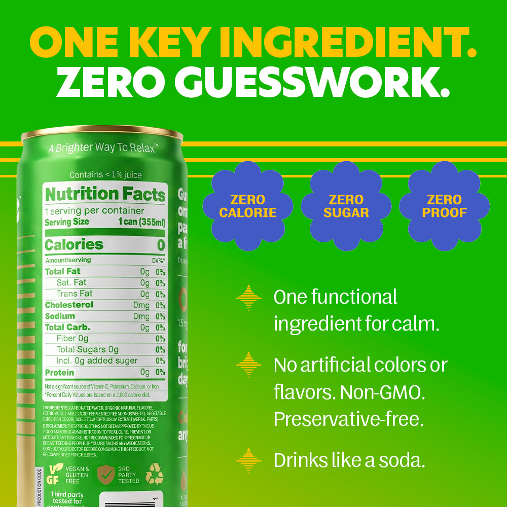 A can of brightside guava glow with a detailed nutrition facts label visible on the front, set against a bright green background with bold yellow and white text and blue flower-shaped badges reading 'Zero Calorie,' 'Zero Sugar,' and 'Zero Proof.'.
