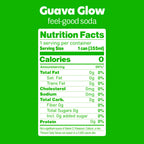 Nutrition facts label for Guava Glow soda on a green background