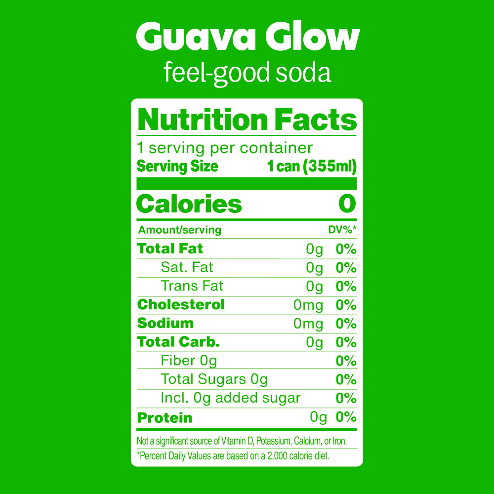 Nutrition facts label for Guava Glow soda on a green background