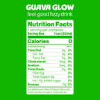 A Nutrition Facts label for Guava Glow soda, showing on a solid green background.