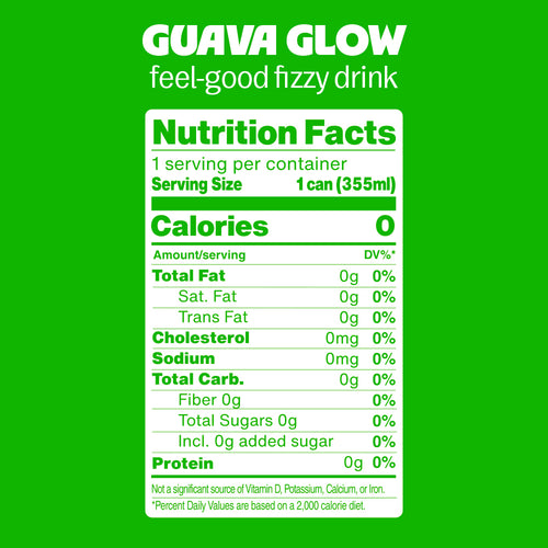 A Nutrition Facts label for Guava Glow soda, showing on a solid green background.