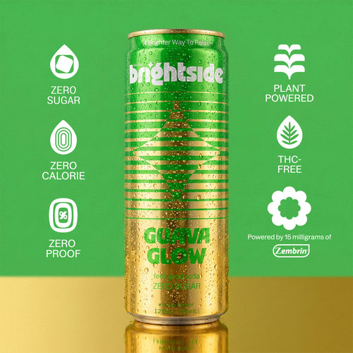 Guava Glow On the Brightside with branding and product features on a green background