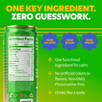 A can of brightside guava glow with a detailed nutrition facts label visible on the front, set against a bright green background with bold yellow and white text and blue flower-shaped badges reading 'Zero Calorie,' 'Zero Sugar,' and 'Zero Proof.'.