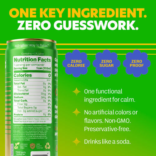 A can of brightside guava glow with a detailed nutrition facts label visible on the front, set against a bright green background with bold yellow and white text and blue flower-shaped badges reading 'Zero Calorie,' 'Zero Sugar,' and 'Zero Proof.'.