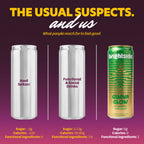An infographic on a purple gradient background comparing three beverage cans: a silver can labeled 'Hard Seltzer,' a silver can labeled 'Functional & Social Drinks,' and a brightside guava glow can labeled 'Brightside Guava Glow.' Large headline text at the top reads 'THE USUAL SUSPECTS.