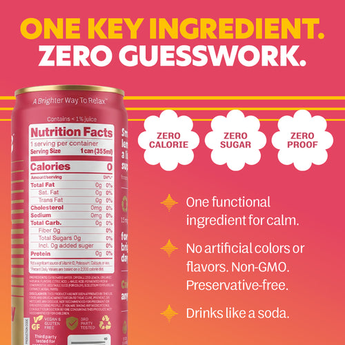 A graphic for a brightside strawberry sunshine soda with a visible Nutrition Facts label. Large text at the top reads 'ONE KEY INGREDIENT.