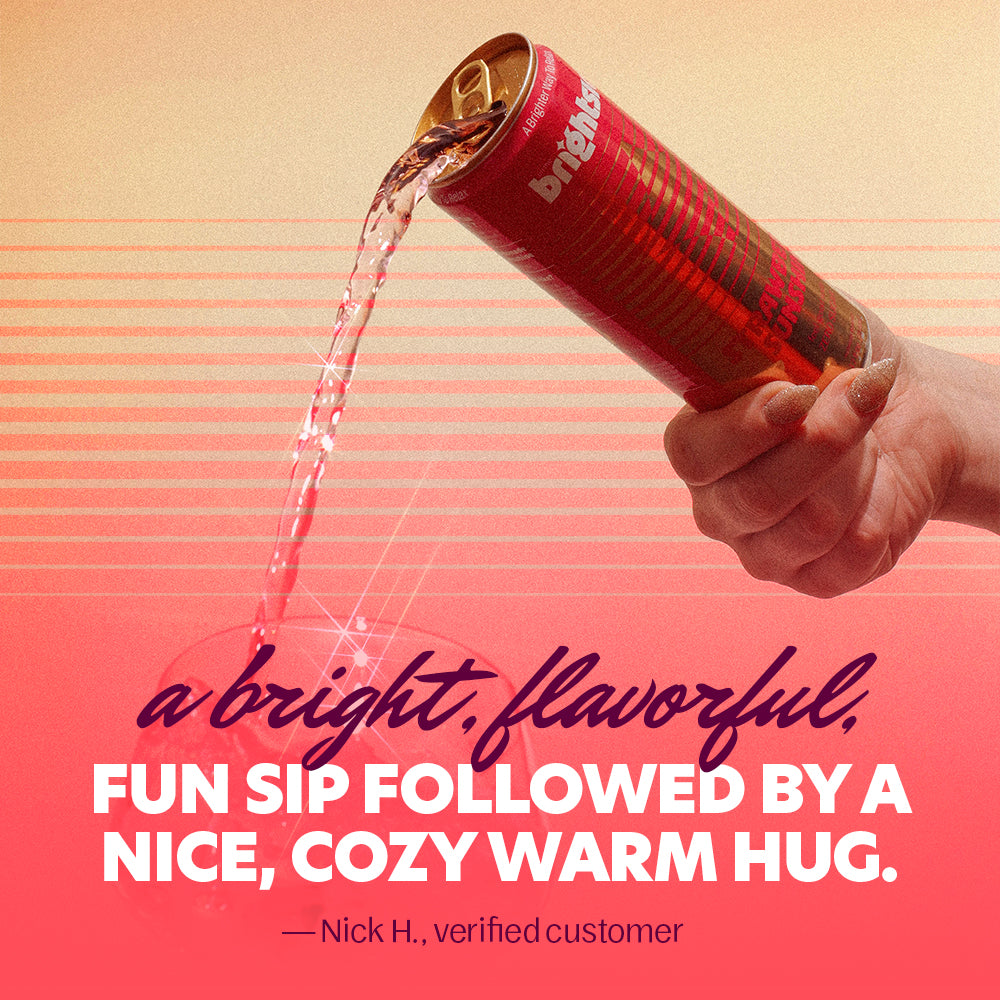 A hand holds a brightside strawberry sunshine can tilted to pour a pink drink into a glass. The background is a warm beige-to-pink gradient with horizontal lines, and the text reads: 'a bright, flavorful.
