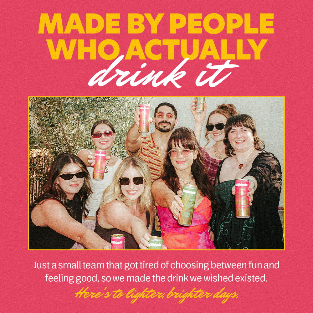 A graphic with a bright pink background and large yellow and white text reading 'MADE BY PEOPLE WHO ACTUALLY drink it.' Below is a group photo of seven smiling people holding cans of brightside at an event.