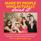 A graphic with a bright pink background and large yellow and white text reading 'MADE BY PEOPLE WHO ACTUALLY drink it.' Below is a group photo of seven smiling people holding cans of brightside at an event.