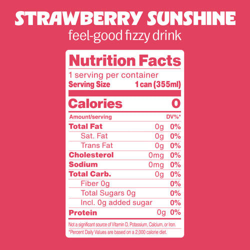 A  Nutrition Facts label for 'Strawberry Sunshine' soda. The label features a white background with text for nutrition details.