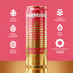 A brightside Strawberry Sunshine zero sugar energy drink can, featuring a metallic red and gold design with condensation droplets, set against a pink background with white feature icons on both sides.