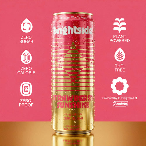 A brightside Strawberry Sunshine zero sugar energy drink can, featuring a metallic red and gold design with condensation droplets, set against a pink background with white feature icons on both sides.