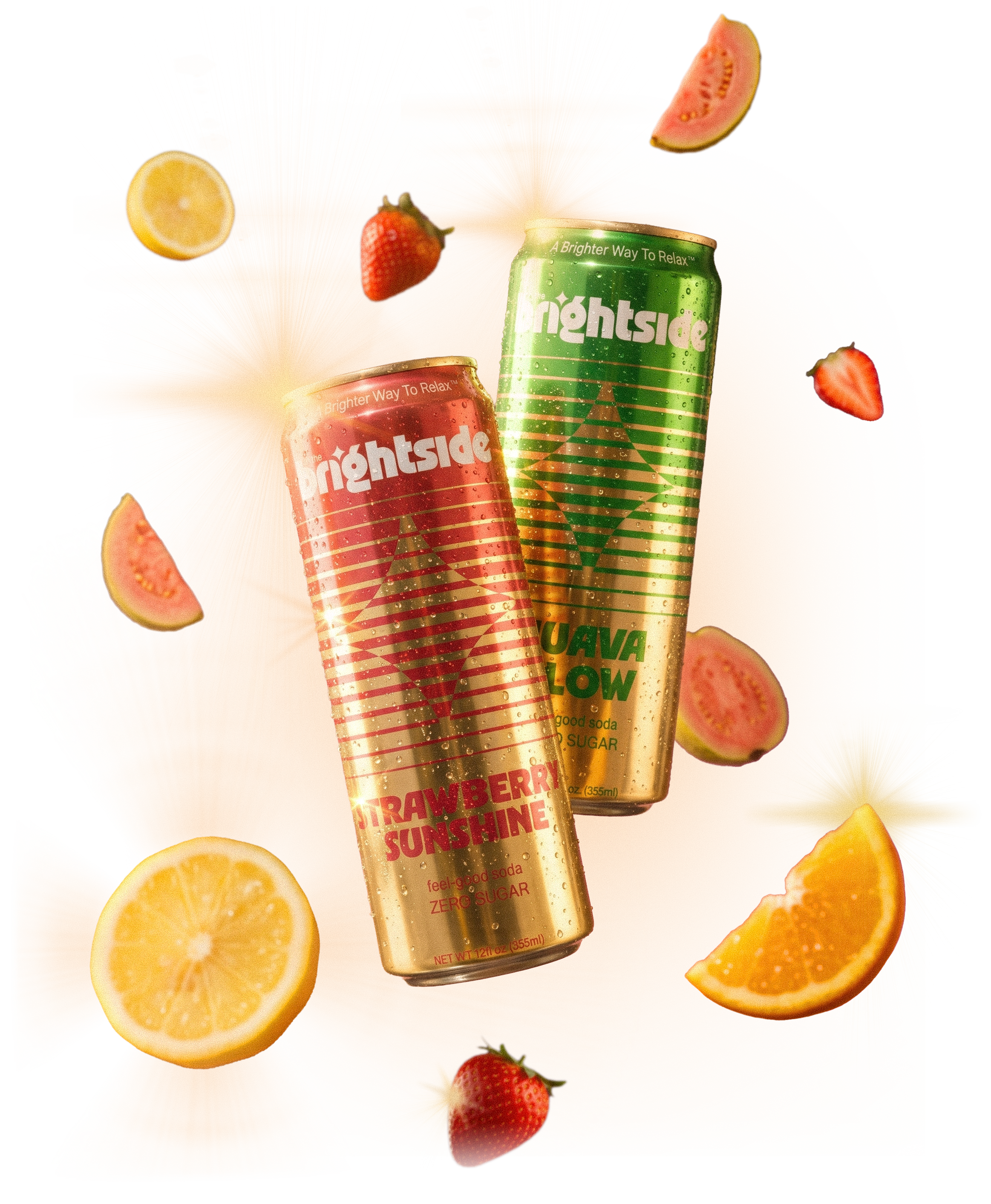 Two cans of Brightside Strawberry Sunshine and Guava Glow 
drinks with fruit slices