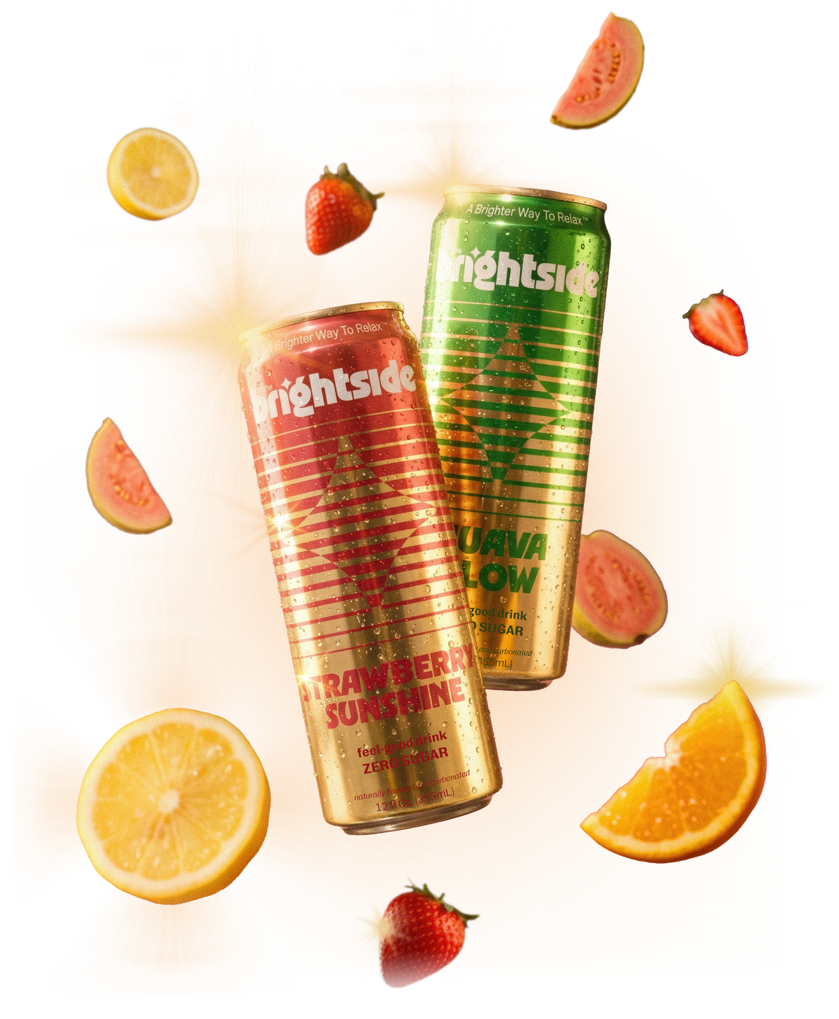 On the Brightside Strawberry Sunshine and Guava Glow cans floating with fruit slices around them.