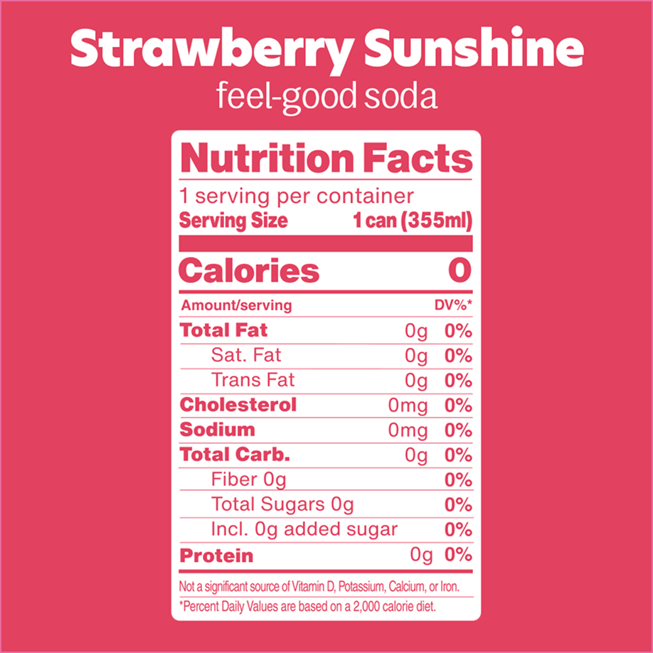 Nutrition facts label for Strawberry Sunshine soda on a pink background