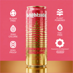 Can of On the Brightside Strawberry Sunshine feel-good soda on a pink background with product features listed.